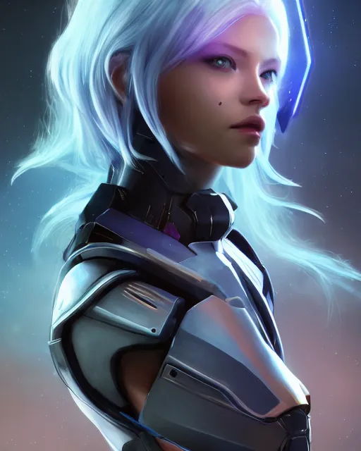 Image similar to perfect android girl on a mothership, warframe armor, beautiful face, scifi, futuristic, galaxy, nebula, raytracing, dreamy, long white hair, blue cyborg eyes, sharp focus, cinematic lighting, highly detailed, artstation, divine, by gauthier leblanc, kazuya takahashi, huifeng huang