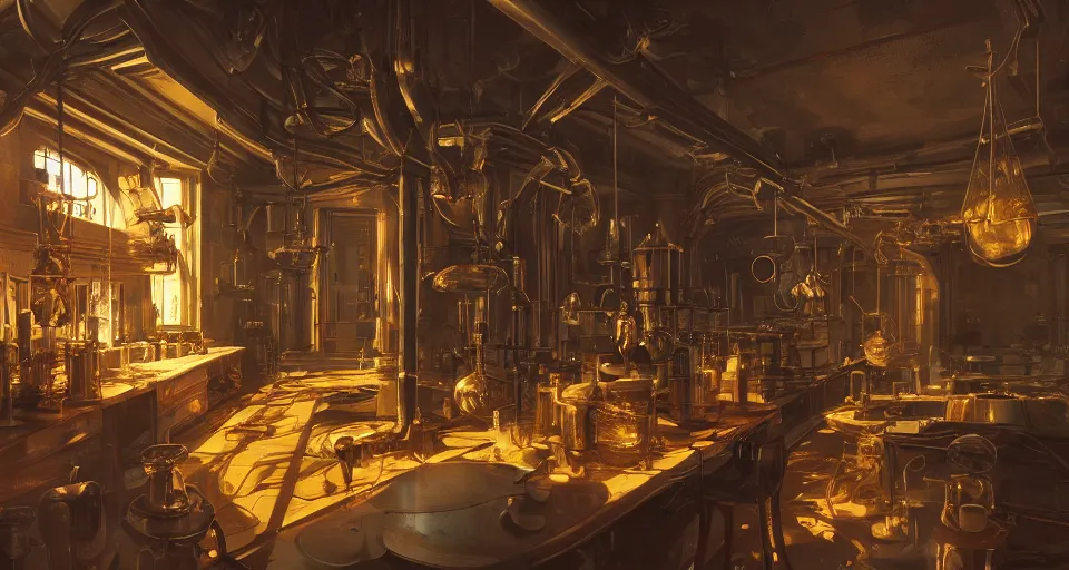 Prompt: Alchemy laboratory, hyperdetailed, artstation, cgsociety, golden hour 8k