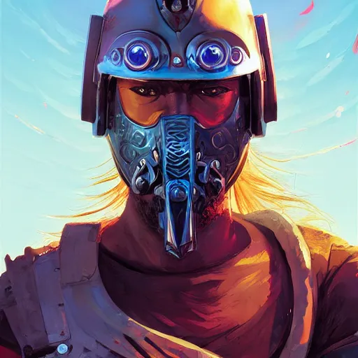 Image similar to cyberpunk viking helmet mask warrior goddess robot ninja fantasy, art gta 5 cover, official fanart behance hd artstation by jesper ejsing, by rhads, makoto shinkai and lois van baarle, ilya kuvshinov, ossdraws