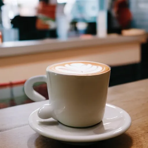 Prompt: a cup of latte in a toilet - shaped mug, fresh bakeries in the background, in a bright cafe, 3 5 mm, f 1. 8