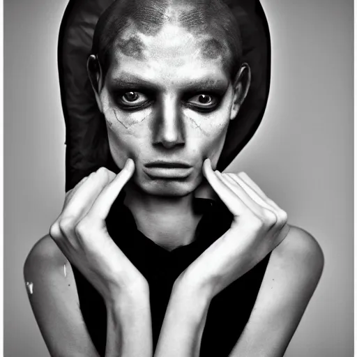 Image similar to fashion photography of a genderless extraterrestrial model, aphex twin, photo 3 5 mm leica, hyperdetail, berghain, 8 k, very detailed, black and white