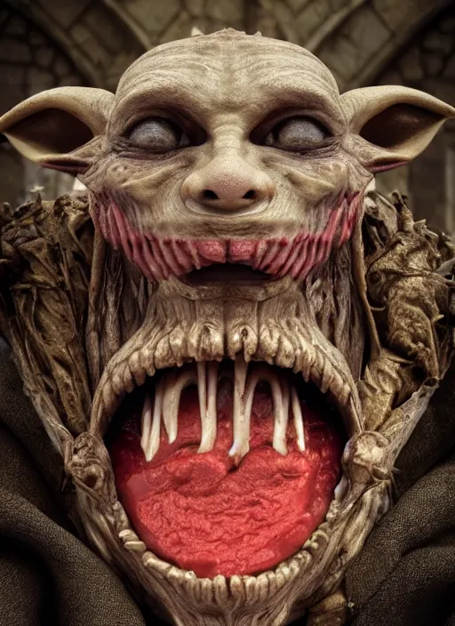 Image similar to closeup profile face portrait of a medieval goblin eating cakes in the cloisters, depth of field, zeiss lens, detailed, symmetrical, centered, fashion photoshoot, by borsch, giger, breathtaking, 8 k resolution, extremely detailed, beautiful, establishing shot, artistic, hyperrealistic, beautiful face, octane render