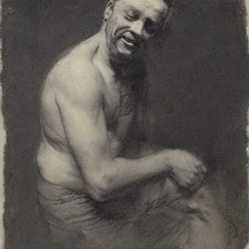Prompt: Portrait of a drunk man, by Ilya Repin, 19th-century, sketch, spontaneous and sketchy lines, slightly scribbly, masterful, black chalk, charcoal, russian academic style, full body,