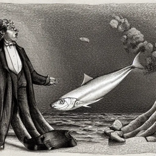 Image similar to The Innmouth look, deformed human fish in a tuxedo, portait shot, scenic image, drawing, illustration by Gustav Doré