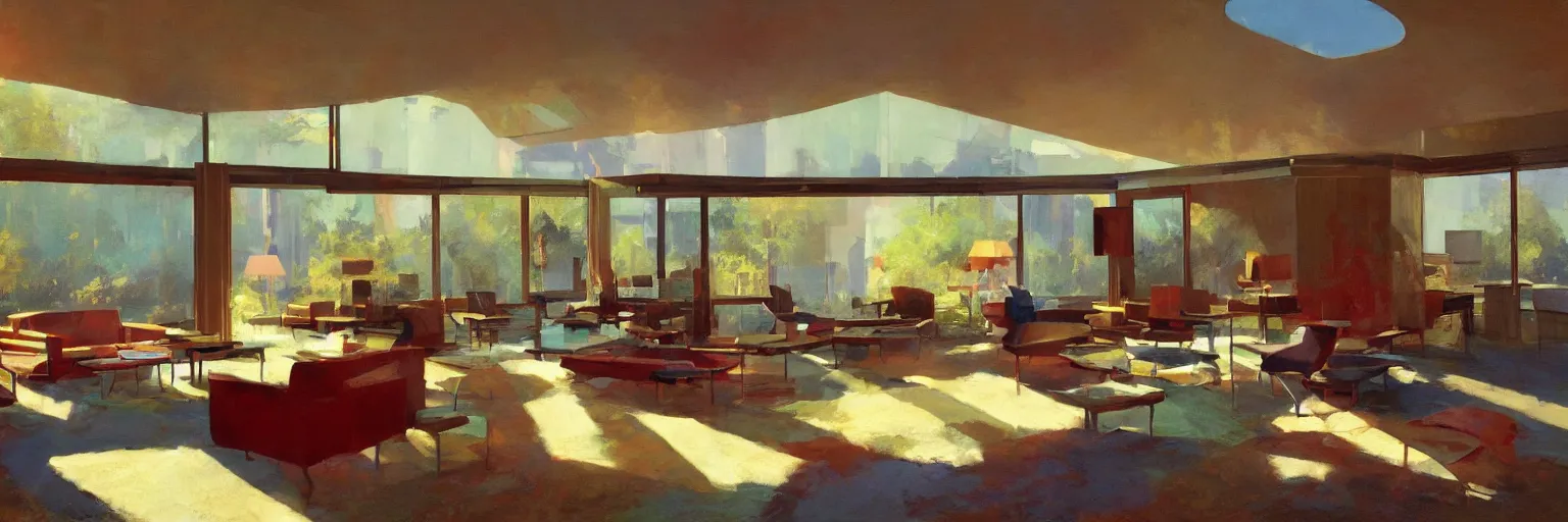 Image similar to midcentury architecture. modernism. rays of light filling the room. warm colors. wide shot. craig mullins.