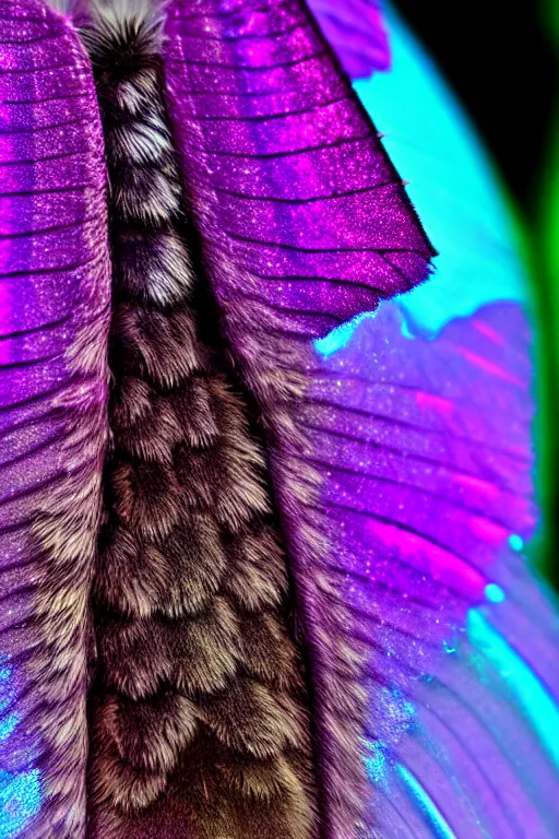 Image similar to high quality macro photo pearlescent furry moth! jeweled gorgeous! highly detailed david ligare elson peter cinematic purple neon lighting high quality low angle hd 8k sharp shallow depth of field