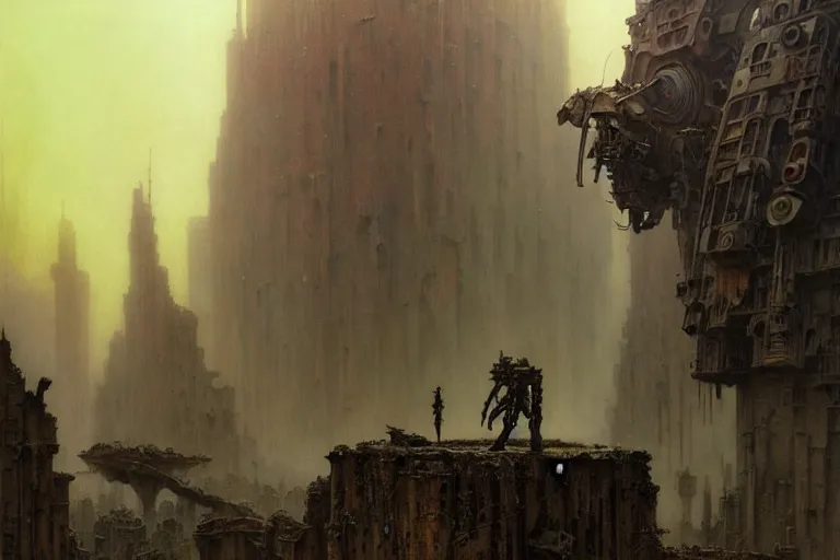 Prompt: a mech standing in a ruined city, fantasy, intricate, elegant, dramatic lighting, highly detailed, lifelike, photorealistic, digital painting, artstation, concept art, smooth, sharp focus, illustration, art by Beksinski and John Collier and Albert Aublet and Krenz Cushart and Artem Demura and Alphonse Mucha