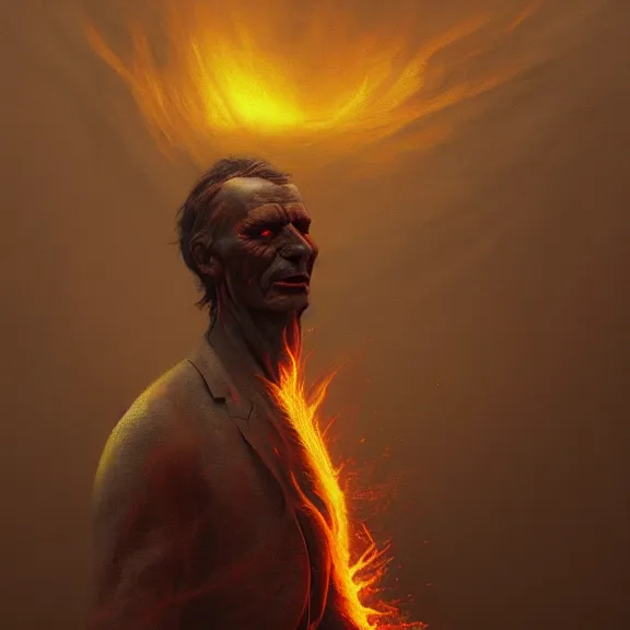 Image similar to An abstract matte painting of a man on fire portrait. zdzislaw beksinski, ArtStation, CGSociety, Unreal Engine