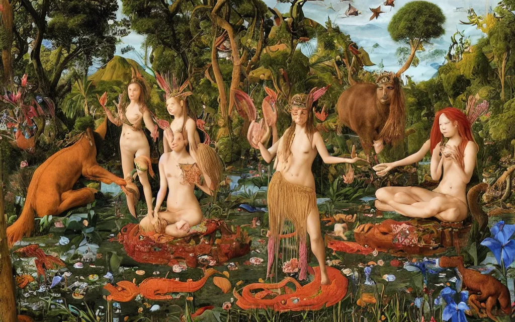 Prompt: a portrait photograph of a meditating mermaid shaman and a centaur monk feeding tropical animals at a wide river delta. surrounded by bulbous flowers, animals and trees. mountain range under a vast blue sky of burning stars. painted by jan van eyck, max ernst, ernst haeckel and artgerm, cgsociety, artstation, fashion editorial