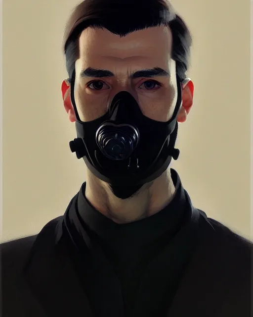 Image similar to a ultradetailed beautiful panting of a european man wearing black medical mask, by ilya kuvshinov, greg rutkowski and makoto shinkai, trending on artstation