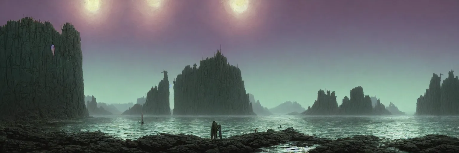 Prompt: a very tall and huge wall made of metal in the middle of nowhere near water and rocks with mountains behind it and dramatic green and purple sky, by Wayne Barlowe, by Simon Stalenhag, by Bruce Pennington, by Greg Rutkowski, masterpiece, oil on canvas, trending on artstation, featured on pixiv, cinematic composition, epic scene, dramatic lighting, explosions in the sky, no frames, 8K