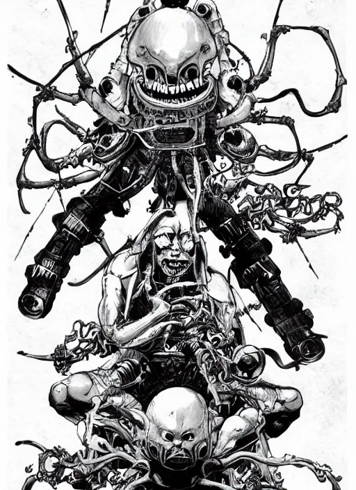 Image similar to a big headed alien with five arms holding revolvers, by takehiko inoue and kim jung gi and hiroya oku, masterpiece ink illustration