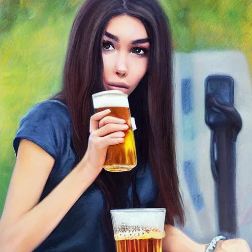 Image similar to 4k,ultra detailed portrait of Madison Beer drinking beer at the parking lot by Rachel Ruysch