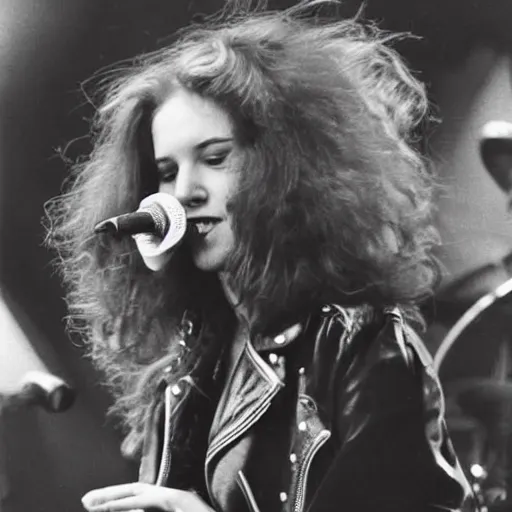 Image similar to 19-year-old girl wearing black leather jacket and denim jeans, shaggy wavy red hair, holding electric guitar, 1973 concert photo