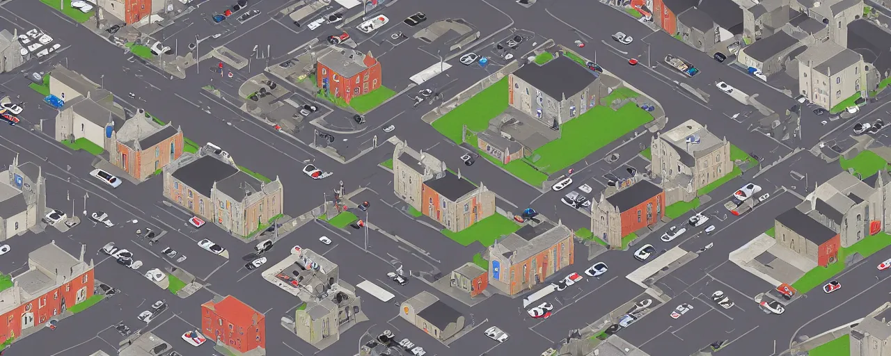 Prompt: a 3d isometric image of street life in kirkwall orkney