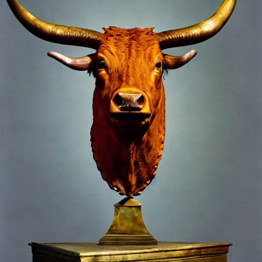 Image similar to professional color photograph of a patinated bronze portrait bust of a furious Texas longhorn steer supported by a bronze plinth, by Auguste Rodin, Jean-Leon Gerome