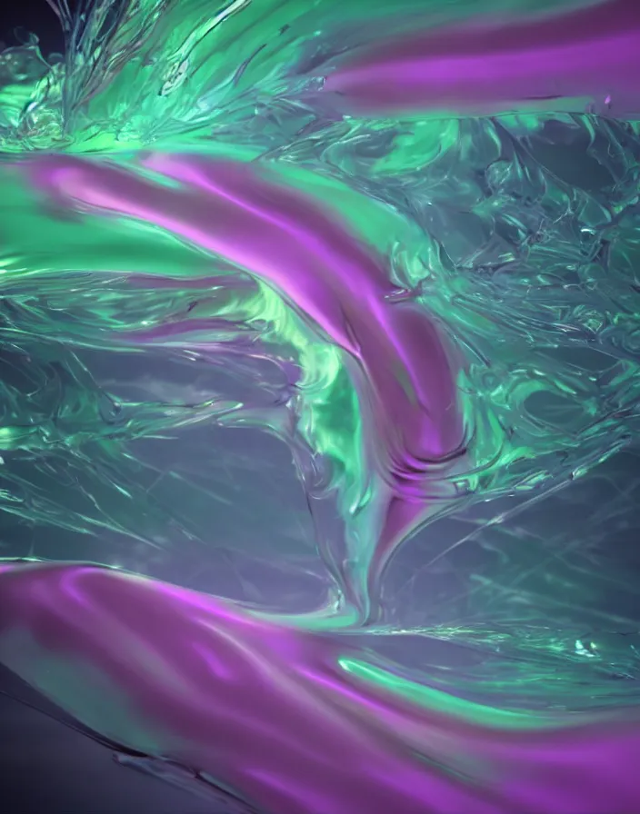 Image similar to nacreous fluid simulation rendered in houdini, suspended animation, liquid viscous evocative spray anatomy, shattered in the void, photorealistic cinema 4D CG render