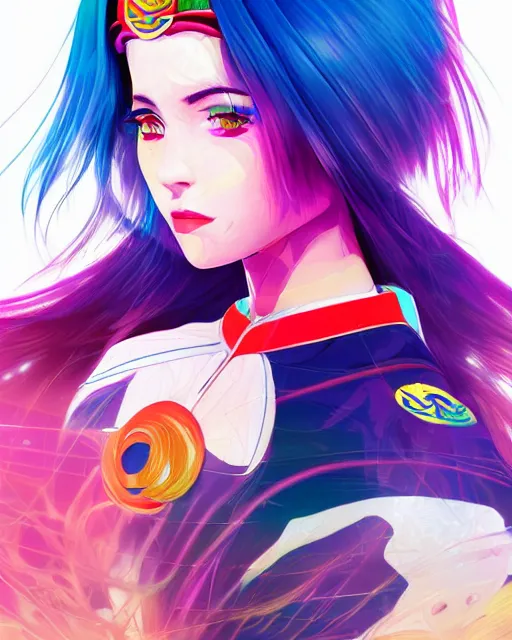 Prompt: poster woman with futuristic streetwear and long hair, colourful, pretty face, intricate eyes, elegant, Anime by Roset Conrad Sailor Moon Kuvshinov Ilya 4k, HDR, Graphic Design, Behance Trending on artstation, award winning