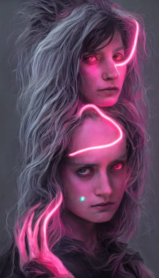 Image similar to door to the soul, furious gorgeous woman, glowing pink black hair, face covered in dirt, lord of the rings ,neon, fibonacci, sweaty, insane, intricate, highly detailed, digital painting, artstation, concept art, smooth, sharp focus, illustration, Unreal Engine 5, 8K, art by artgerm and greg rutkowski and alphonse mucha