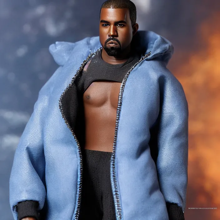 Image similar to a hot toys figure of kanye west using a full face covering black mask, a small, tight, undersized reflective bright blue round puffer jacket made of nylon, dark jeans pants and big black balenciaga rubber boots, figurine, detailed product photo