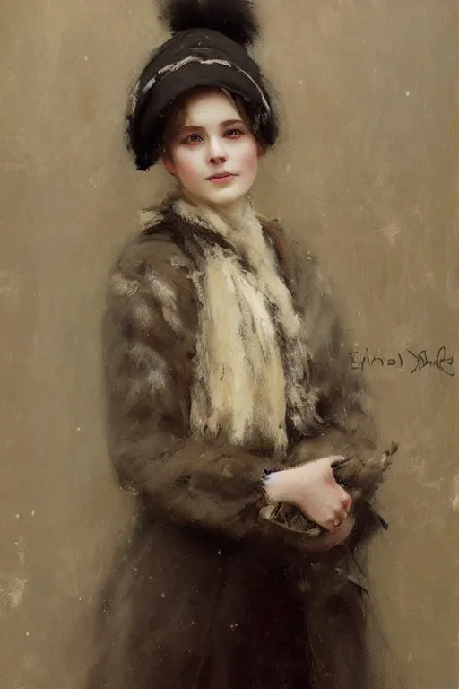 Image similar to Richard Schmid and Jeremy Lipking full length portrait painting of a young beautiful edwardian girl hold a victorian fur handwarmer standing in the snow