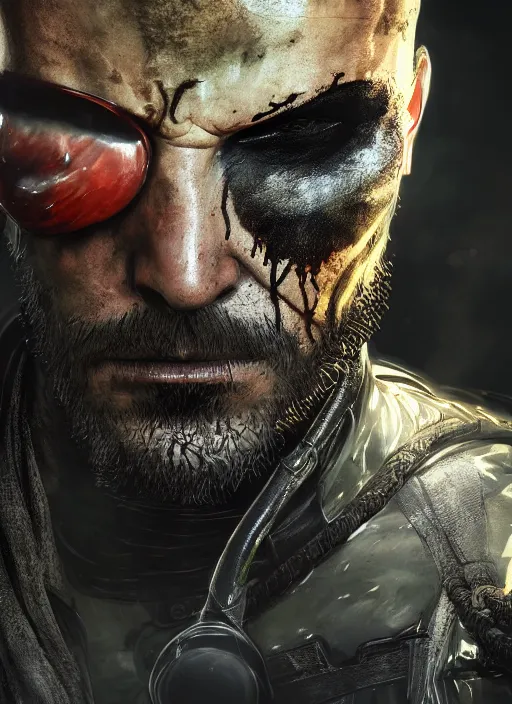 Image similar to Venom Snake, portrait, fantasy, medieval, vivid colors, fantasy, elegant, concept art, sharp focus, beautiful face, digital art, Hyper-realistic, 4K, Unreal Engine, Highly Detailed, HD, Dramatic Lighting by Brom, trending on Artstation