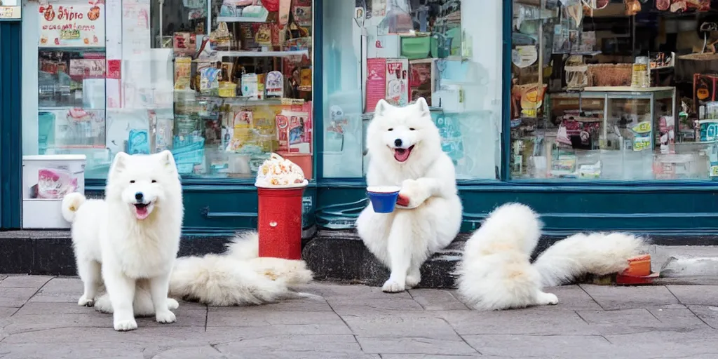 Image similar to a samoyed eating ice cream in front of a store, looks very enjoyable