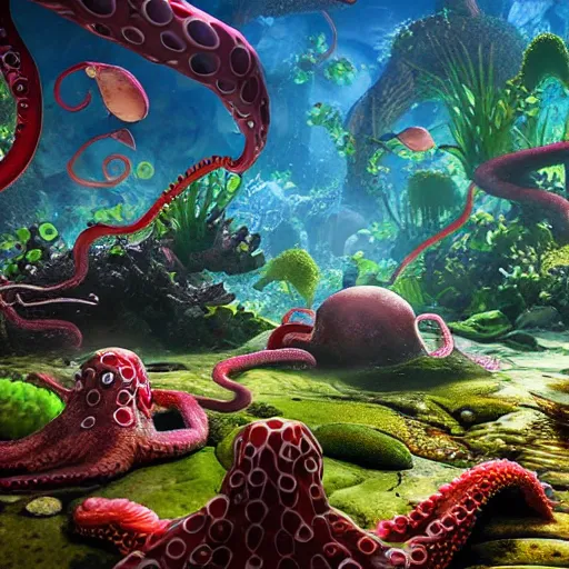 Prompt: an octopus'garden, under the sea, in the shade. trending on cgsociety, unreal engine, 4 k wallpaper