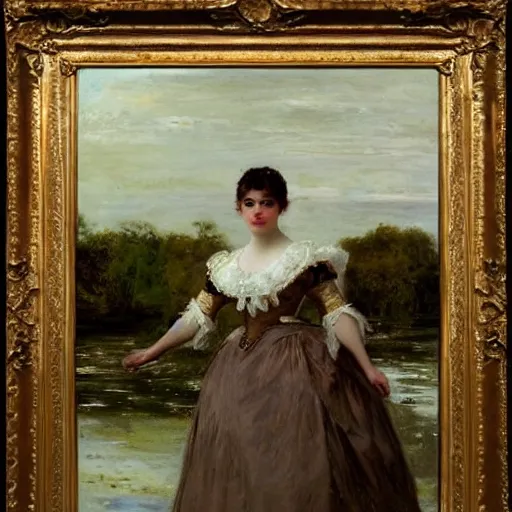 Image similar to young victorian lady in ball gown wading through a river, painted by alfred stevens