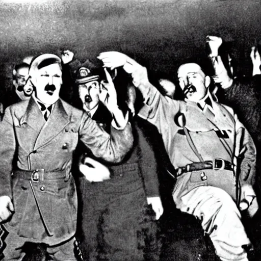 Image similar to adolf hitler going crazy during a rave, super realistic, hitler is dancing, highly detailed.