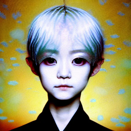 Image similar to yoshitaka amano blurred and dreamy realistic three quarter angle portrait of a young woman with short white hair and black eyes wearing office suit with tie, junji ito abstract patterns in the background, satoshi kon anime, noisy film grain effect, highly detailed, renaissance oil painting, weird portrait angle, blurred lost edges