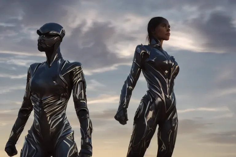 Image similar to VFX movie of a futuristic inhuman alien hero woman in spandex armor in future city, hero pose, beautiful skin, night lighting by Emmanuel Lubezki