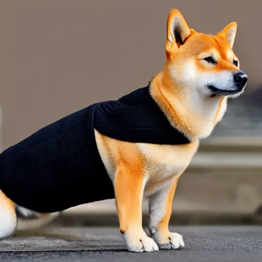 Image similar to photo of a Shiba Inu dog wearing a beret and black turtleneck