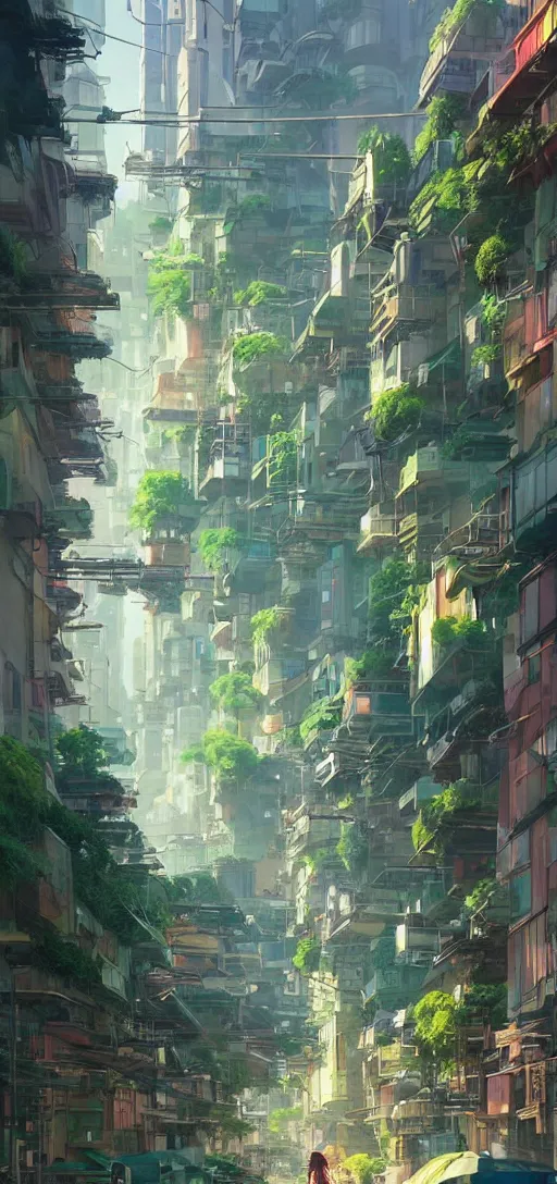 Image similar to Downtown solarpunk utopia, clean streets, green, optimistic, clean and sharp colors, by studio ghibli and greg rutkowski