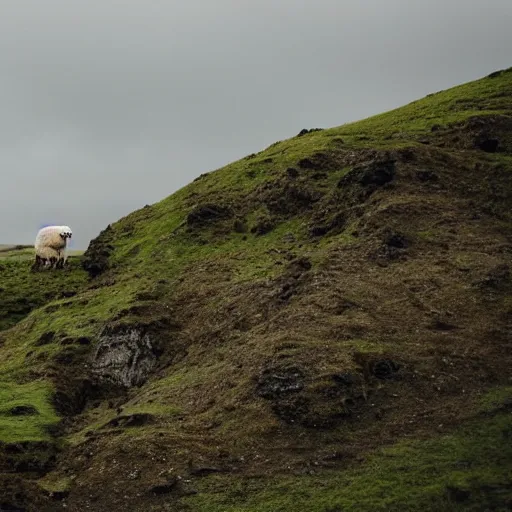 Image similar to portrait photo of a sheep wearing a sweater, iceland, grey sky, green hills, taken by Nikon, movie still,