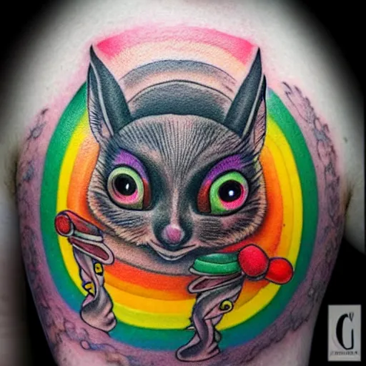 Image similar to shoulder tattoo of a multicolored trippy bushbaby with rainbow colored spiral eyes, surrounded with a ring of colorful shrooms, insanely integrate