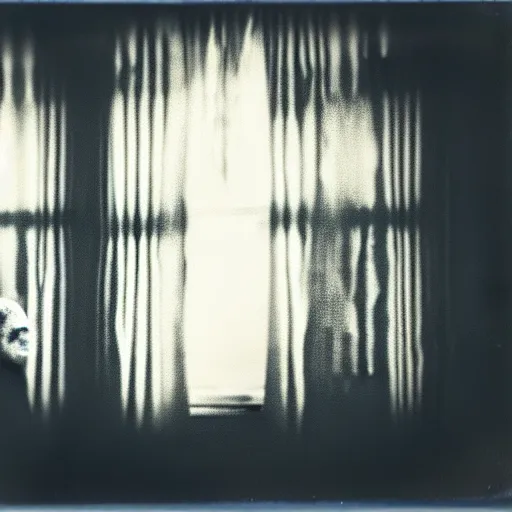 Image similar to a detailed photograph of a house with curtains in the windows, a replicant is peeking through the curtains, polaroid