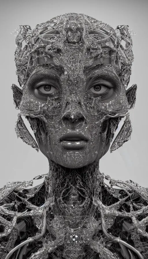 Image similar to full body detailed, ethereal, biomechanical, covered in diamonds and other gems glowing, highly detailed face, elegant posed, intricate, extremy detailed, beeple, cgsociety, 3 d unreal engine octane render. cinematic lighting, highly detailed 4 k art