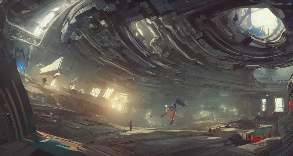 Image similar to A beautiful artwork illustration, level design, third person, a parkour course in a space ship, featured on artstation, wide angle, horizontal orientation