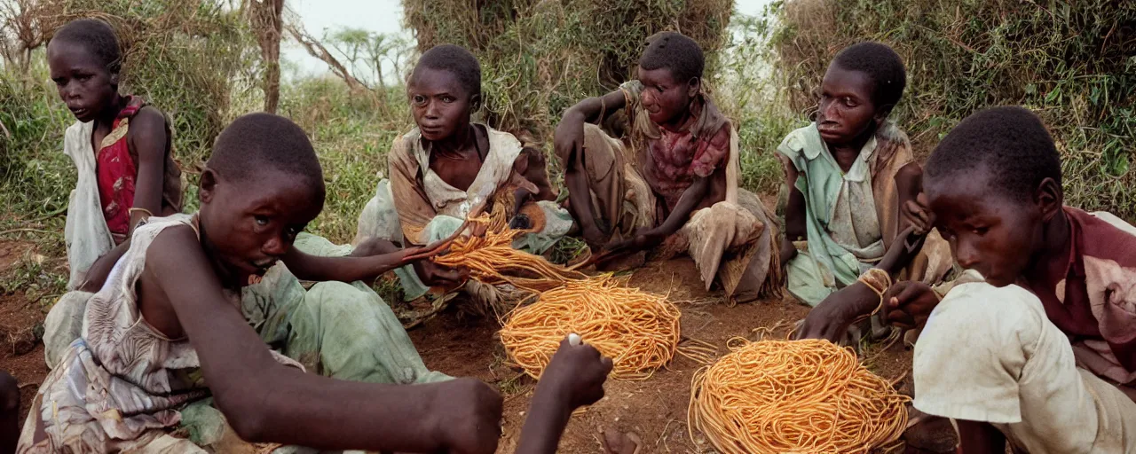 Image similar to people in an african village discovering spaghetti in a bush, high detailed face, facial expression, small details, intricate, canon 5 0 mm, high detail, intricate, cinematic lighting, photography, wes anderson, film, kodachrome