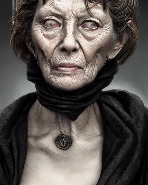 Image similar to portrait 6 0 - year - old woman, tall, severe - looking, with dark hair tied up in a bun, mcgonagall, wearing in black clothes, yper realistic face, beautiful eyes, character art, art by mark brooks, hyperdetailed, cryengine, trending on artstation, digital art