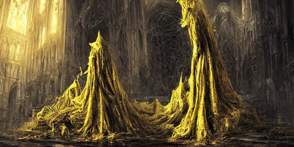 Prompt: a tall towering huge pale human wearing a yellow garment sitting upon an ornate stone throne, 4K, digital art, lovecraftian, lovecraft art, artstation, horror, dramatic, wearing a long yellow rotting garment, dark, hyperrealistic, dramatic perspective, complex (((dark))) cathedral background, dark background, highlights,