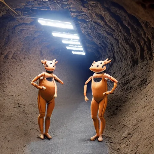 Image similar to humans wearing realistic ant costumes in an underground dirt tunnel