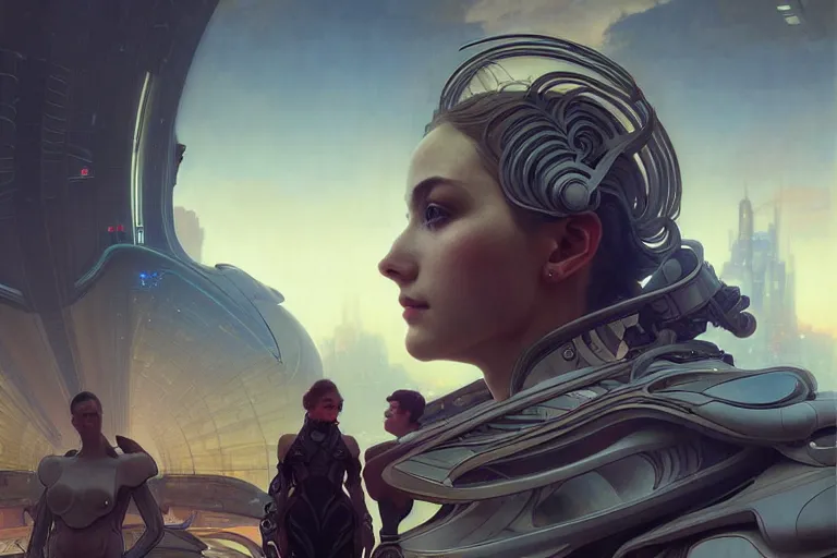 Image similar to ultra realistic, beautiful men and women in a futuristic utopian street, sci - fi, intricate details, eerie, highly detailed, octane render, 8 k, art by artgerm and alphonse mucha and greg rutkowski