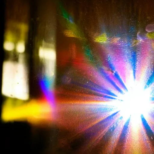 Prompt: intricate, mesmerizing light refractions seen through a moving, half full Club Mate bottle, photograph, sunshine, alternativ techno club