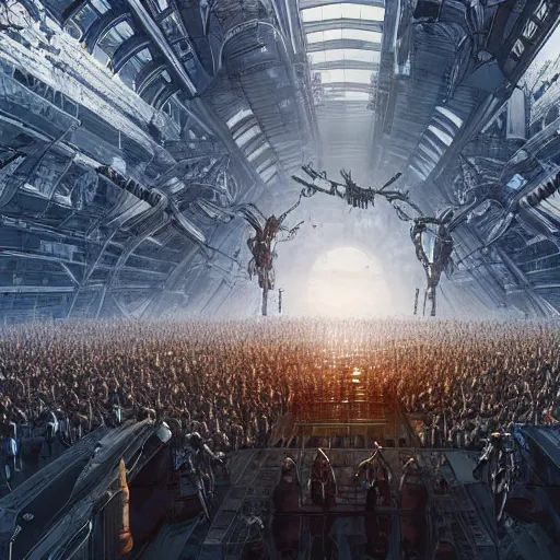 Prompt: detailed intricate epic atmospheric illustration hyper detailed, millions of robot android workers standing in a crowd surrounding a gleaming steel and glass pyramid reflecting the bright sun, in a future city