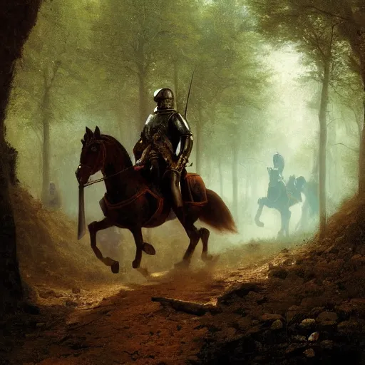 Image similar to a small group of medieval european knights are riding in a column through a dark wood along a small stream, highly detailed, digital painting, sharp focus, by alber bierstadt greg rutkowski