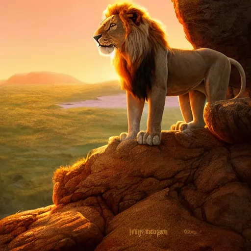 Image similar to Nala the female lion with no mane from the Lion King movie standing on pride rock, summer, bright and beautiful, orange tones, oil painting, Greg Rutkowski, Charlie Bowater, unreal 5, DAZ, hyperrealistic, octane render, RPG portrait, dynamic lighting, fantasy art, beautiful face