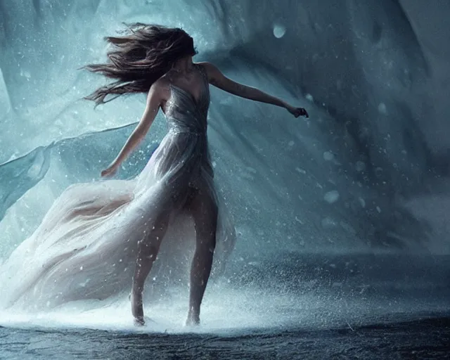 Prompt: olivia swirling into a water tornado that turns into a dress, 3 d animation, black hair, freckles, pale skin, photo by greg rutkowski, female beauty, intricate detail, elegance, sharp shapes, soft lighting, masterpiece