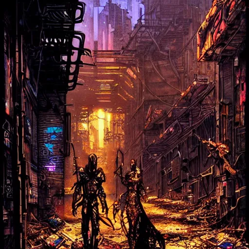 Image similar to cyberpunk knights in an alley of derelict tech, atmospheric lighting, painted, intricate, golden hour, ultra detailed by philippe druillet